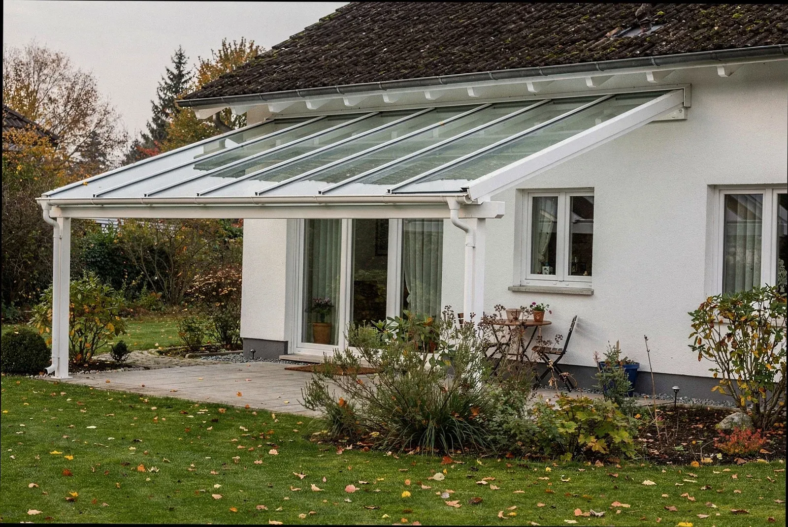 Moderne Terrassenüberdachung mit Glasdach an einem Wohnhaus in Mannheim